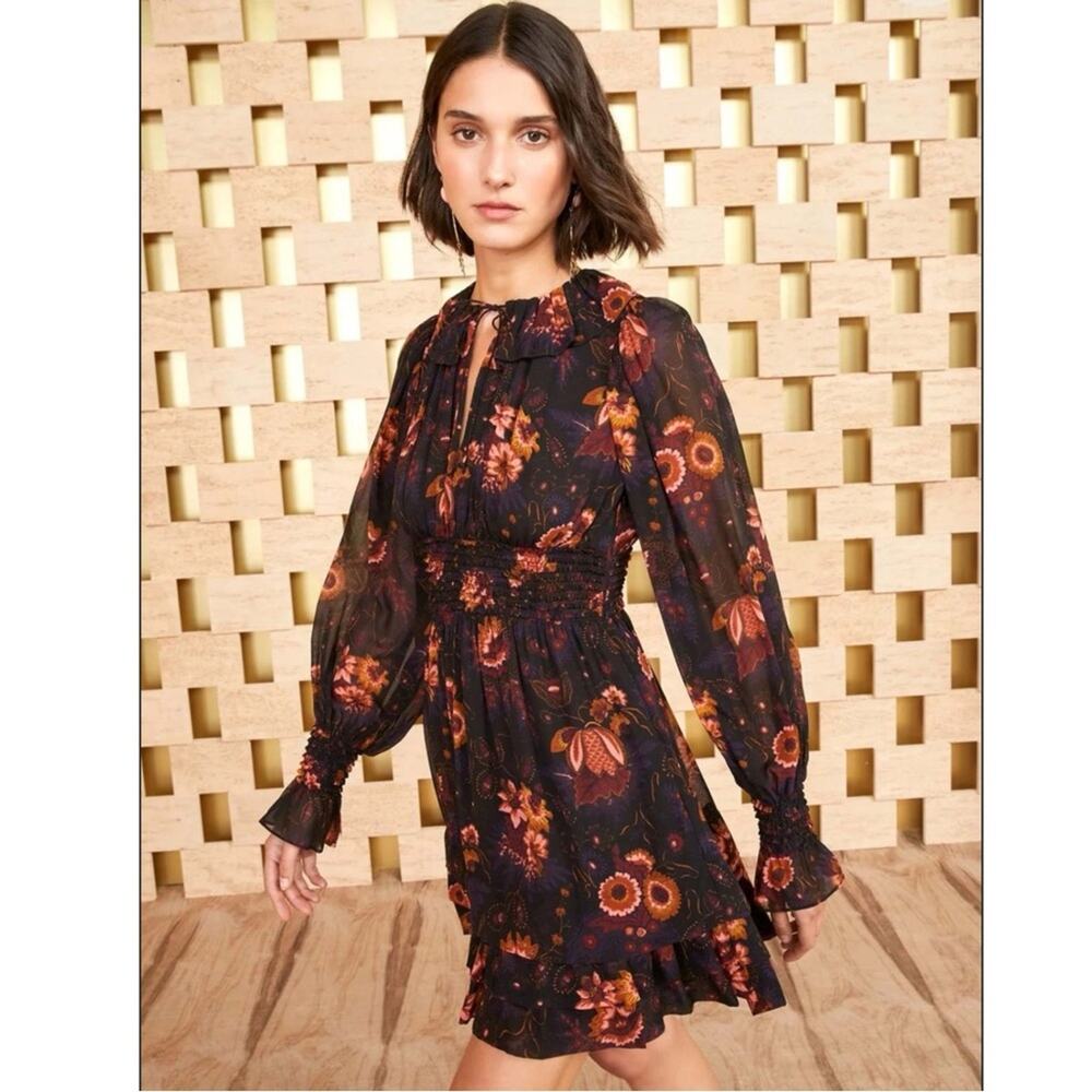 Ulla Johnson Black Floral Long-Sleeve Smocked Mini Dress